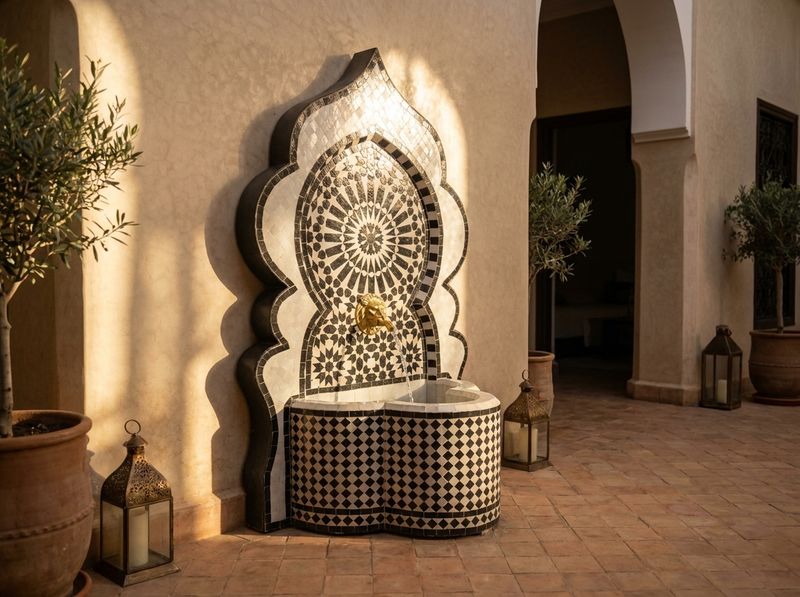 The Marrakech Monochrome: Zellige Wall Fountain detail