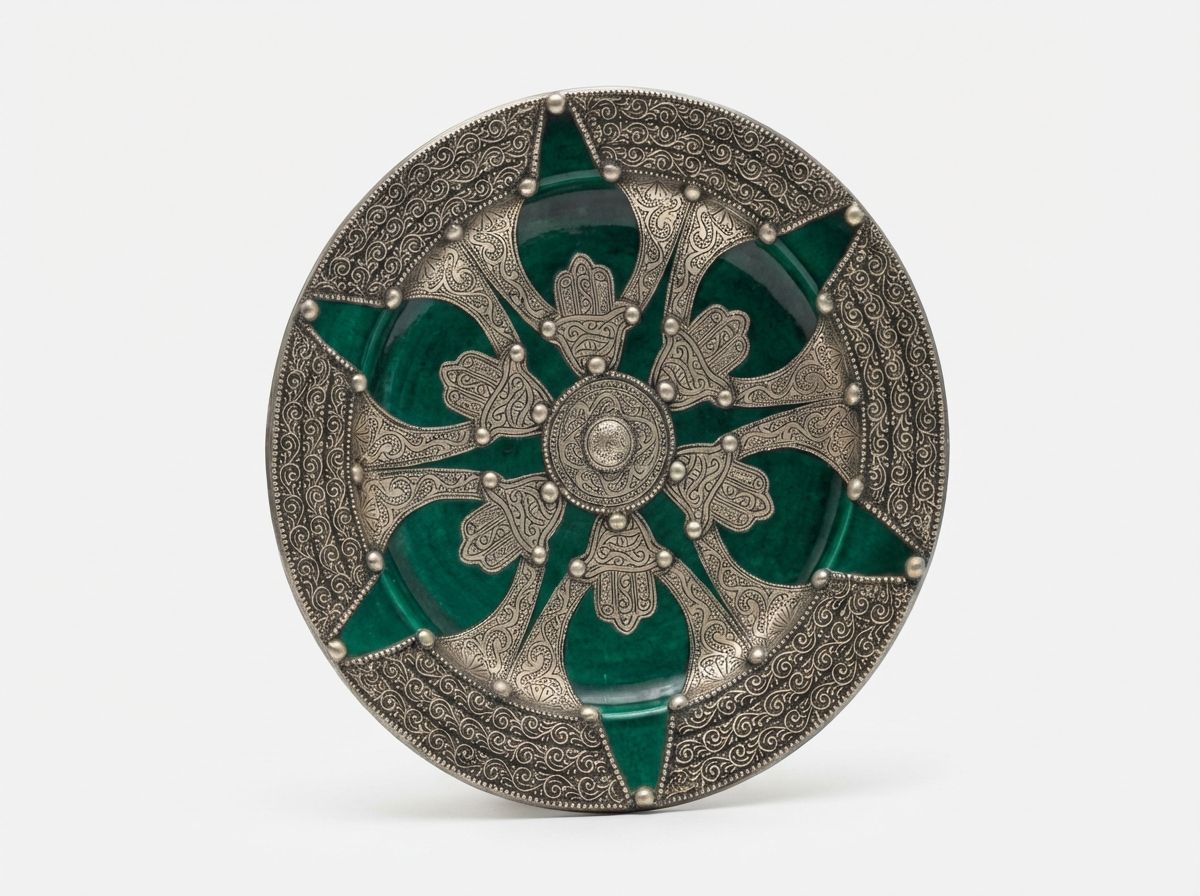 The Emerald Khamsa: Silver-Adorned Ceramic Plate view 2