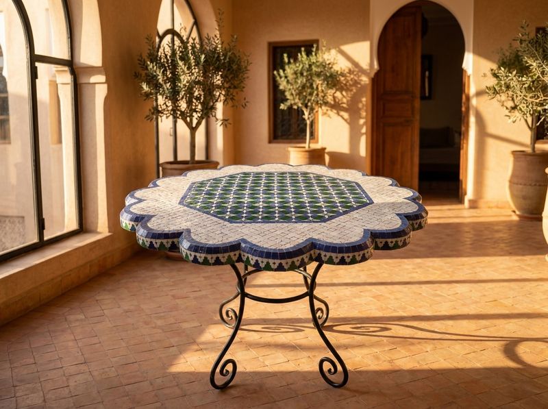 The Fes Scallop: Blue & Green Zellige Mosaic Table detail