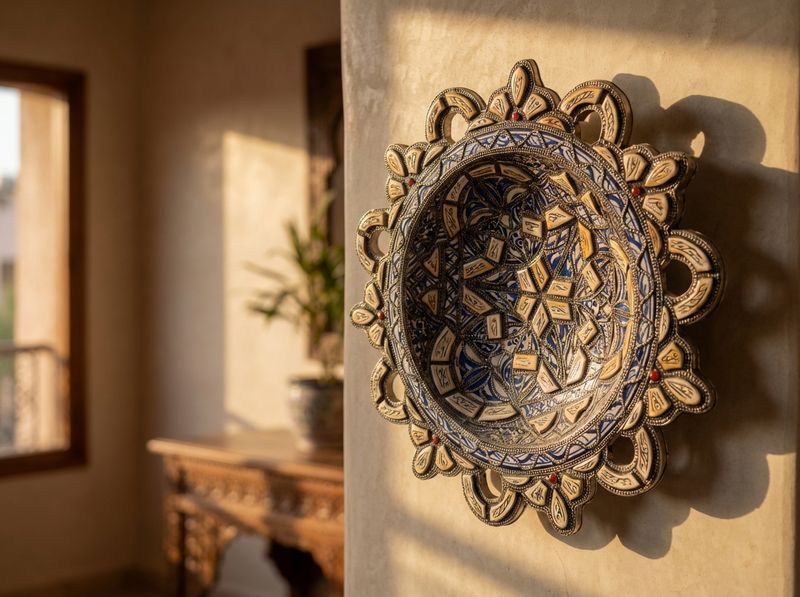 The Andalusian Star: Ceramic & Camel Bone Inlay Wall Platter detail