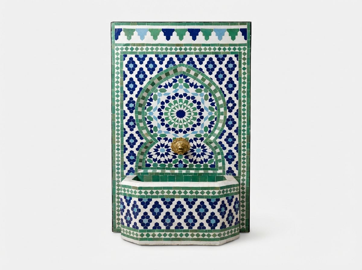 The Chefchaouen Oasis: Blue & Green Zellige Mosaic Fountain view 2