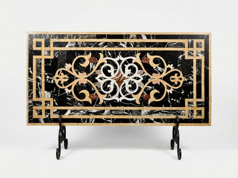 The Sultan's Arabesque: Black & Gold Marble Inlay Tabletop