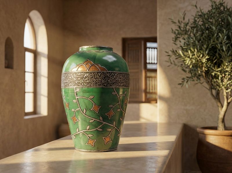 Emerald Oasis: Handcrafted Moroccan Silver-Overlay Vase detail