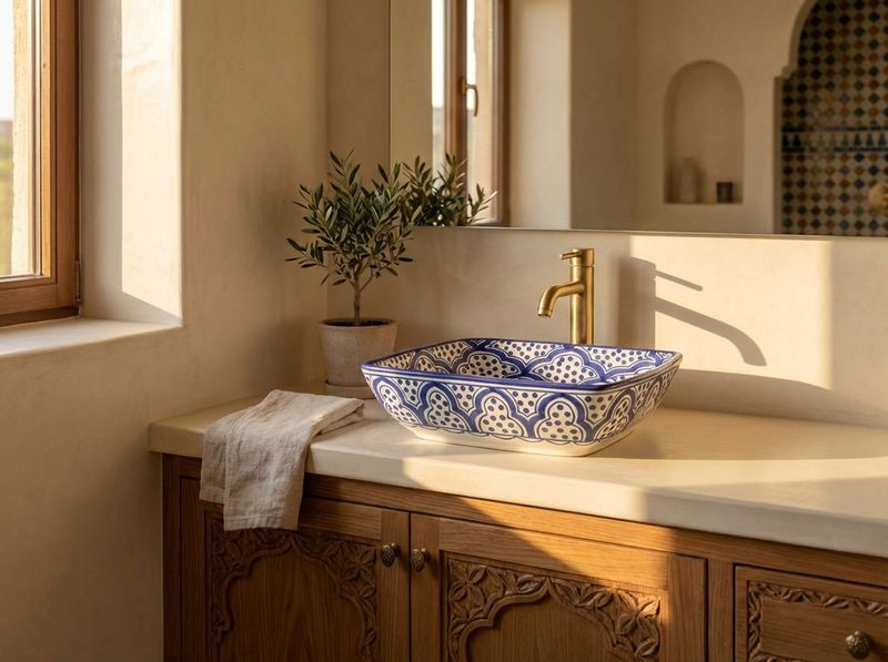 Fez Azure: Hand-Painted Square Ceramic Vessel Sink detail