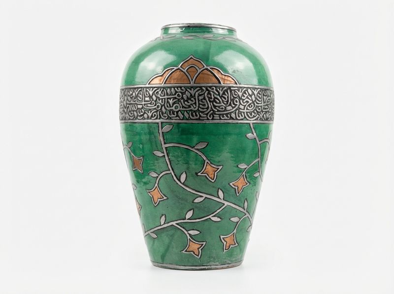 Emerald Oasis: Handcrafted Moroccan Silver-Overlay Vase