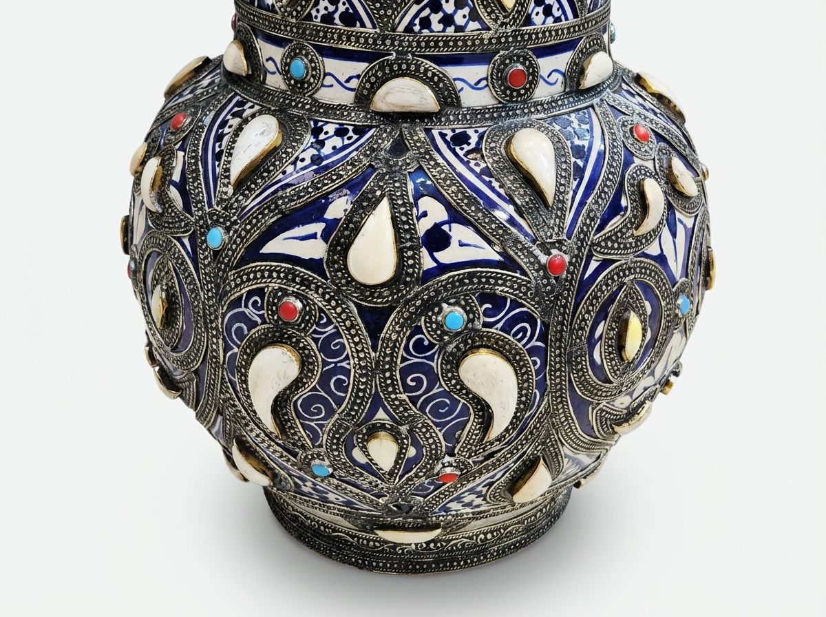 The Zahra Amphora: Silver Filigree & Camel Bone Inlay Vase view 3