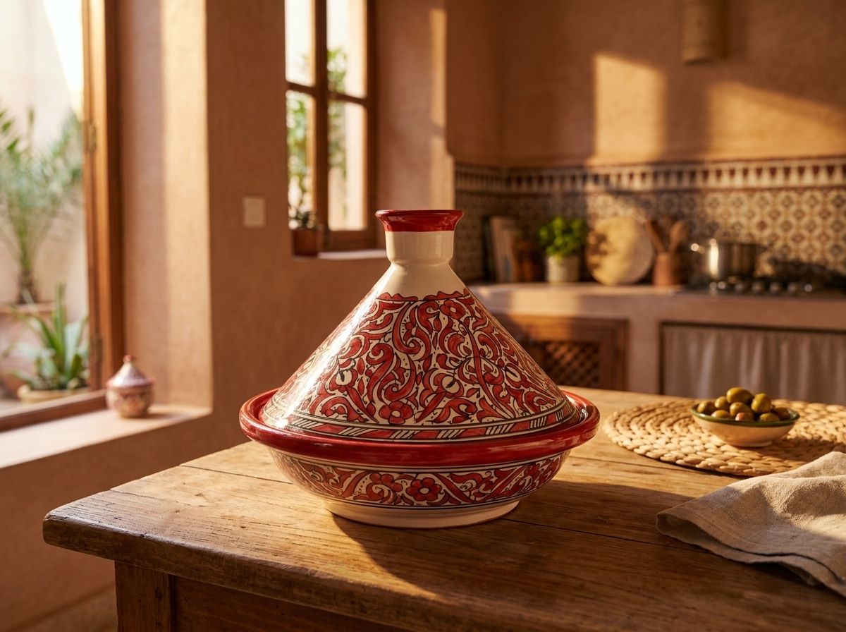 Rouge Arabesque: Hand-Painted Safi Serving Tagine view 3