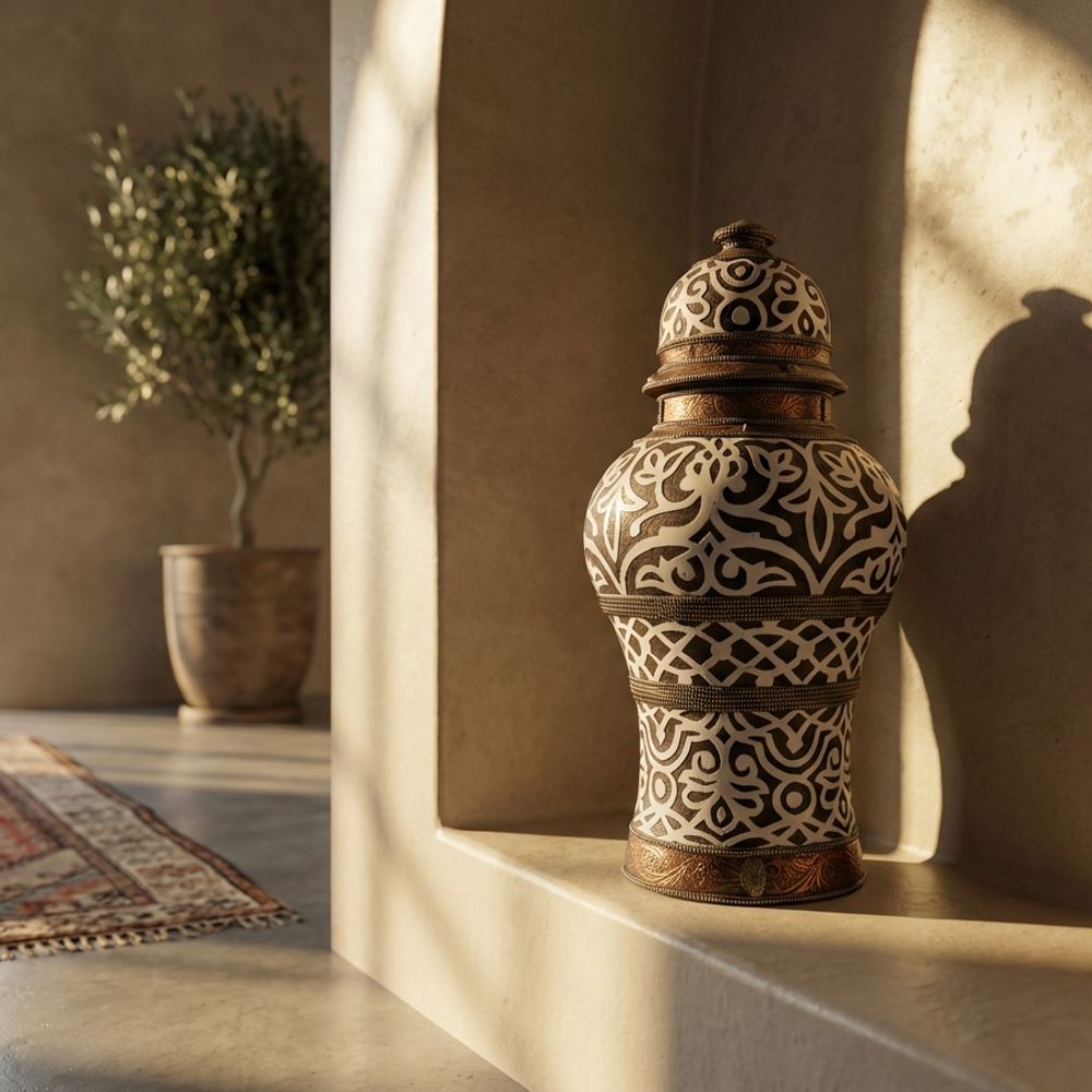 The Andalusian Legacy: Copper & Bone Inlay Lidded Urn