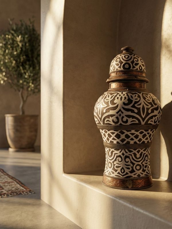 The Andalusian Legacy: Copper & Bone Inlay Lidded Urn
