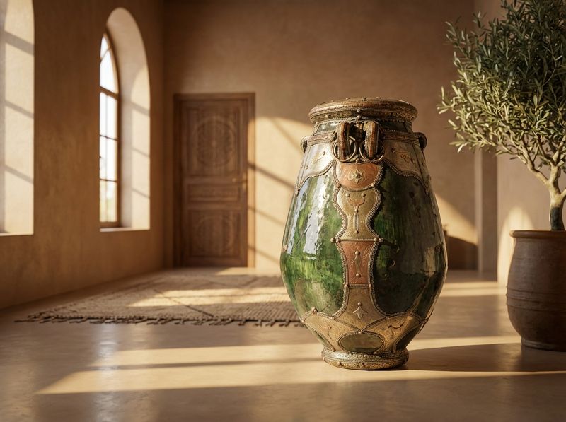 The 'Andalusian' Glazed Natural Clay & Mixed Metal Ceremonial Urn detail