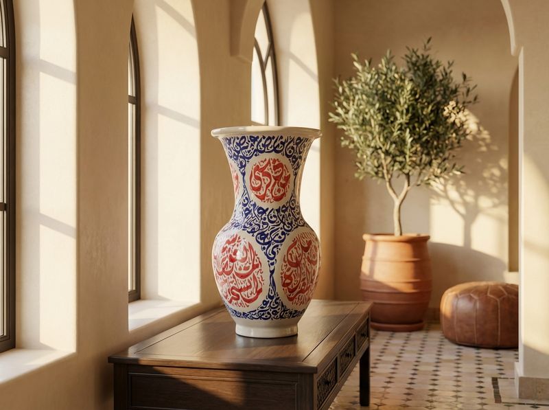 The 'Hikma' Calligraphic Amphora - Blue & Red Fes Pottery detail