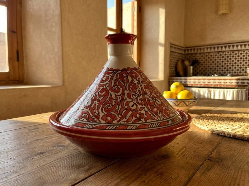 The Safi Crimson Arabesque Serving Tagine detail
