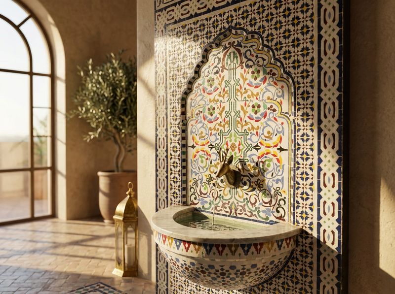 The Royal Andalusian Zellige Fountain with Brass Stag detail