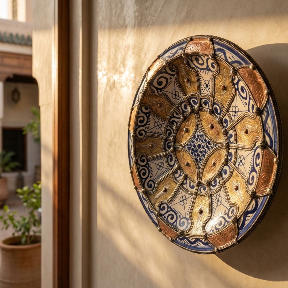 The Golden Fes: Brass & Ceramic Heritage Charger