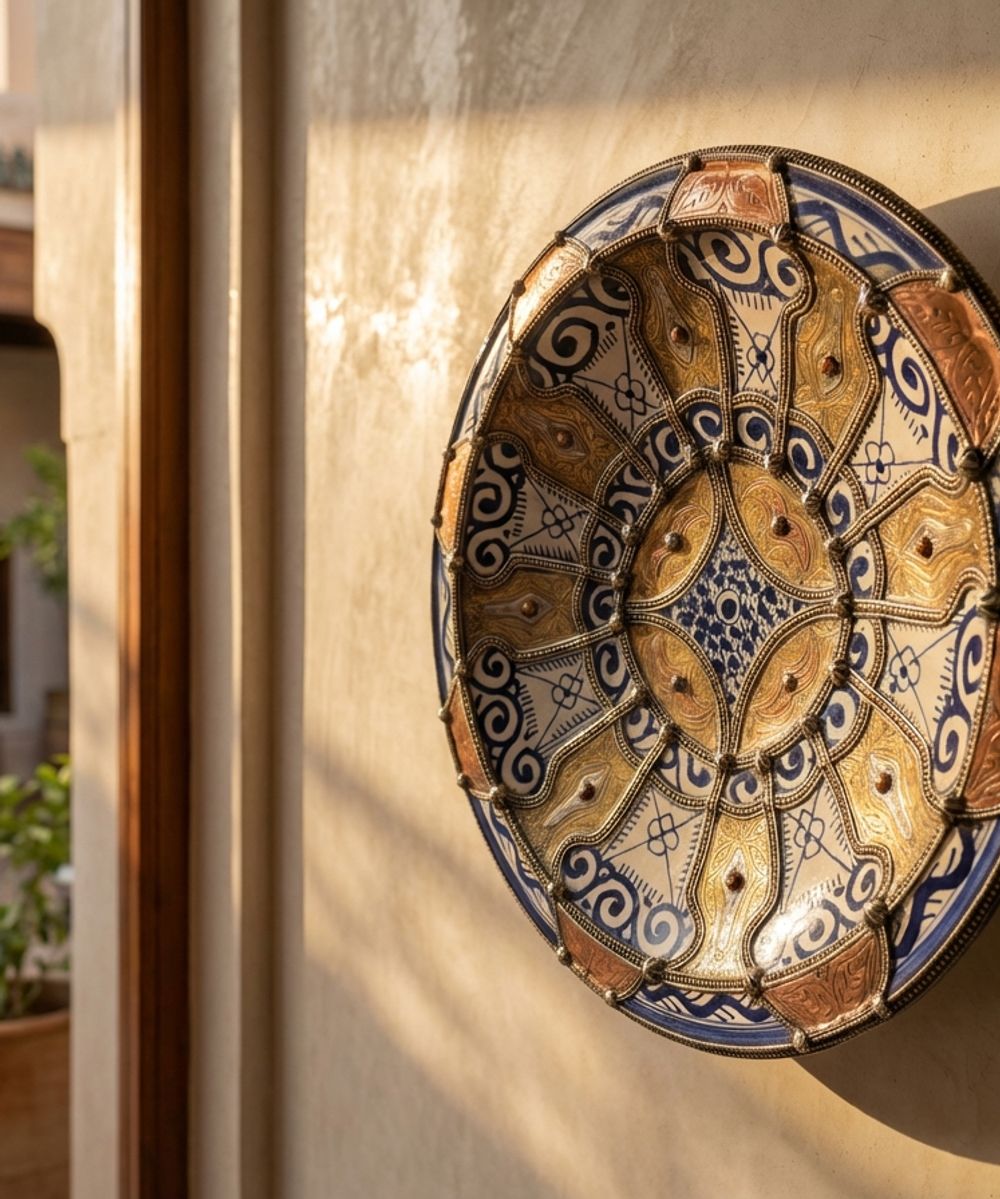 The Golden Fes: Brass & Ceramic Heritage Charger