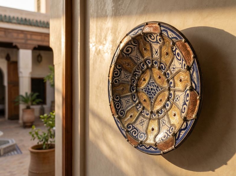 The Golden Fes: Brass & Ceramic Heritage Charger detail