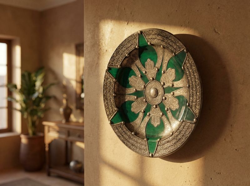The Emerald Khamsa: Silver-Adorned Ceramic Plate detail