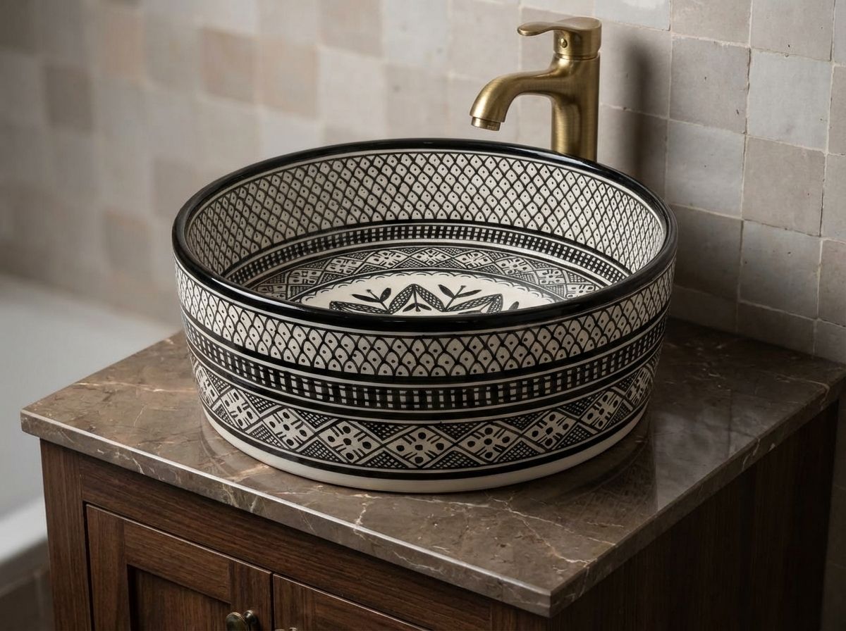 Fes Noir & Blanc Hand-Painted Ceramic Vessel Sink view 3