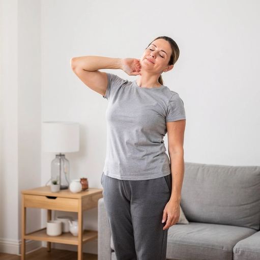 Una donna esegue lenti esercizi di mobilità del collo in casa.