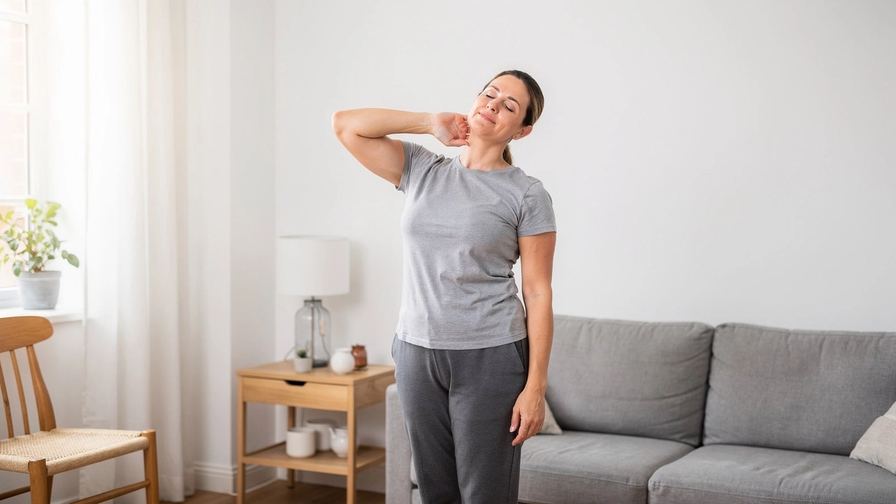 Una donna esegue lenti esercizi di mobilità del collo in casa.