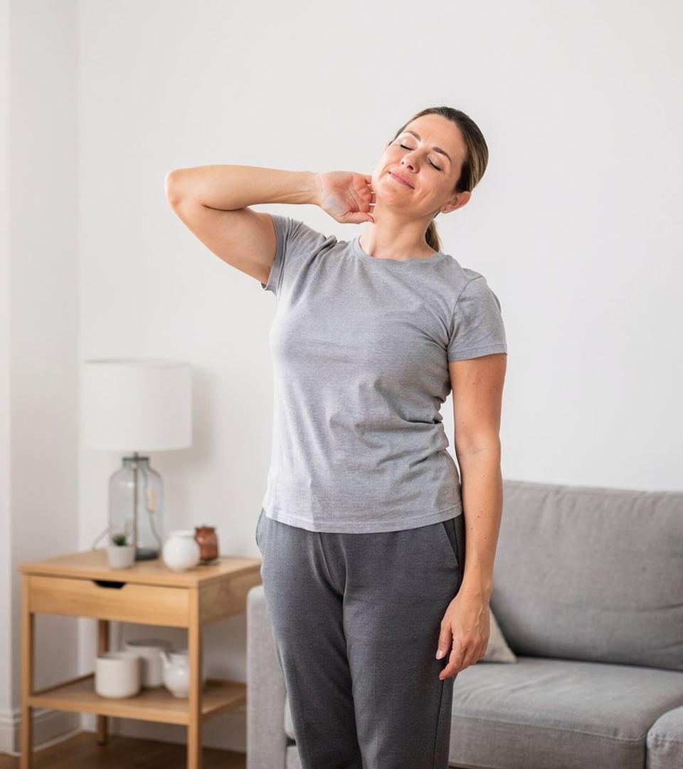 Una donna esegue lenti esercizi di mobilità del collo in casa.