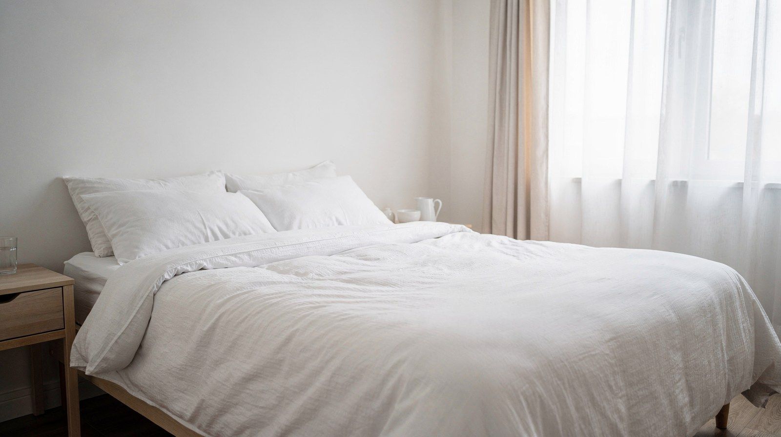 Un letto rifatto in una camera luminosa, con le tende aperte.