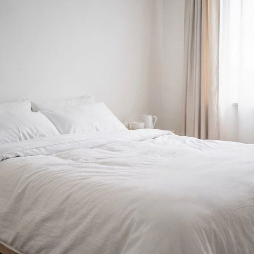 Un letto rifatto in una camera luminosa, con le tende aperte.