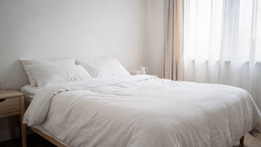 Un letto rifatto in una camera luminosa, con le tende aperte.
