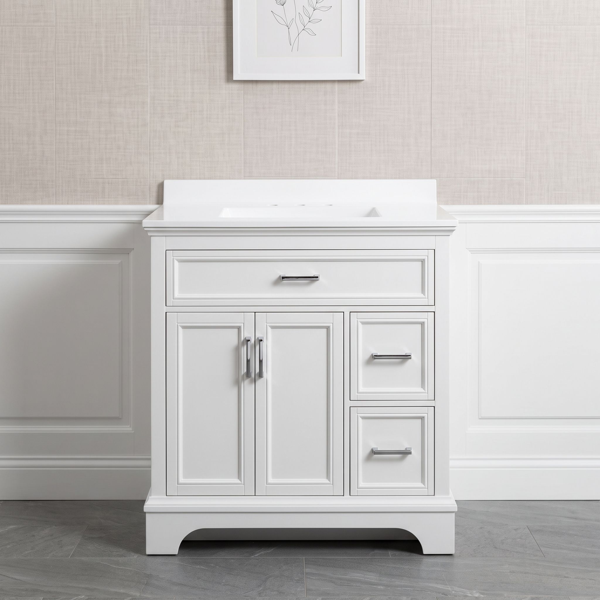 Classic Pure White 36" Single Bathroom Vanity Base Cabinet with Chrome Hardware