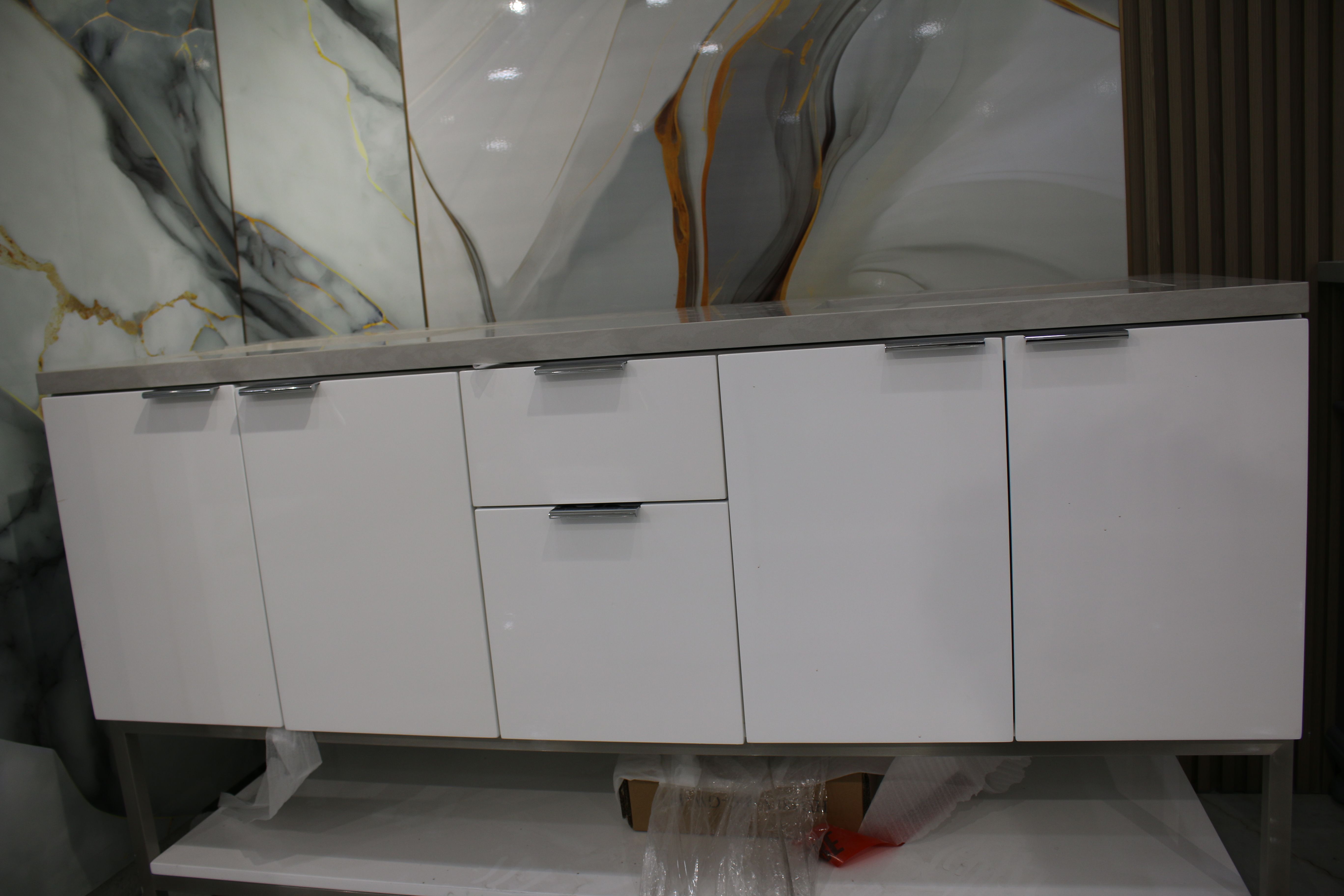 Modern Gloss White 60" Double Sink Bathroom Vanity with Grey Stone Top & Metal Frame thumbnail 2