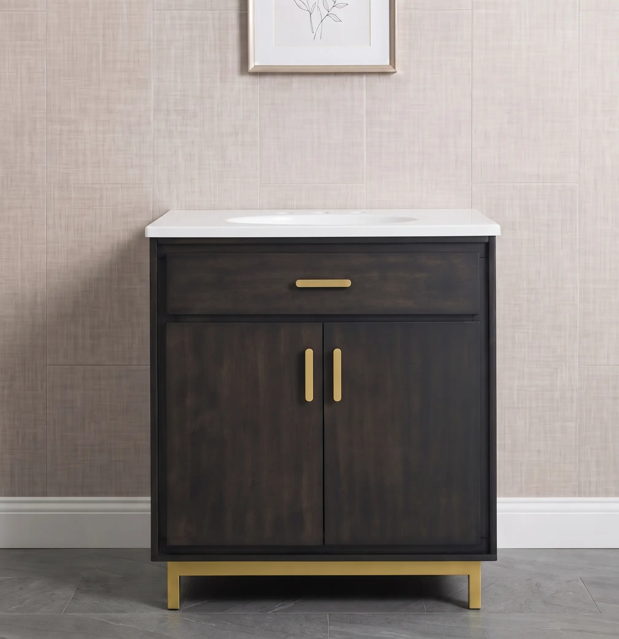 Modern Charcoal Black Single Bathroom Vanity with Gold Base