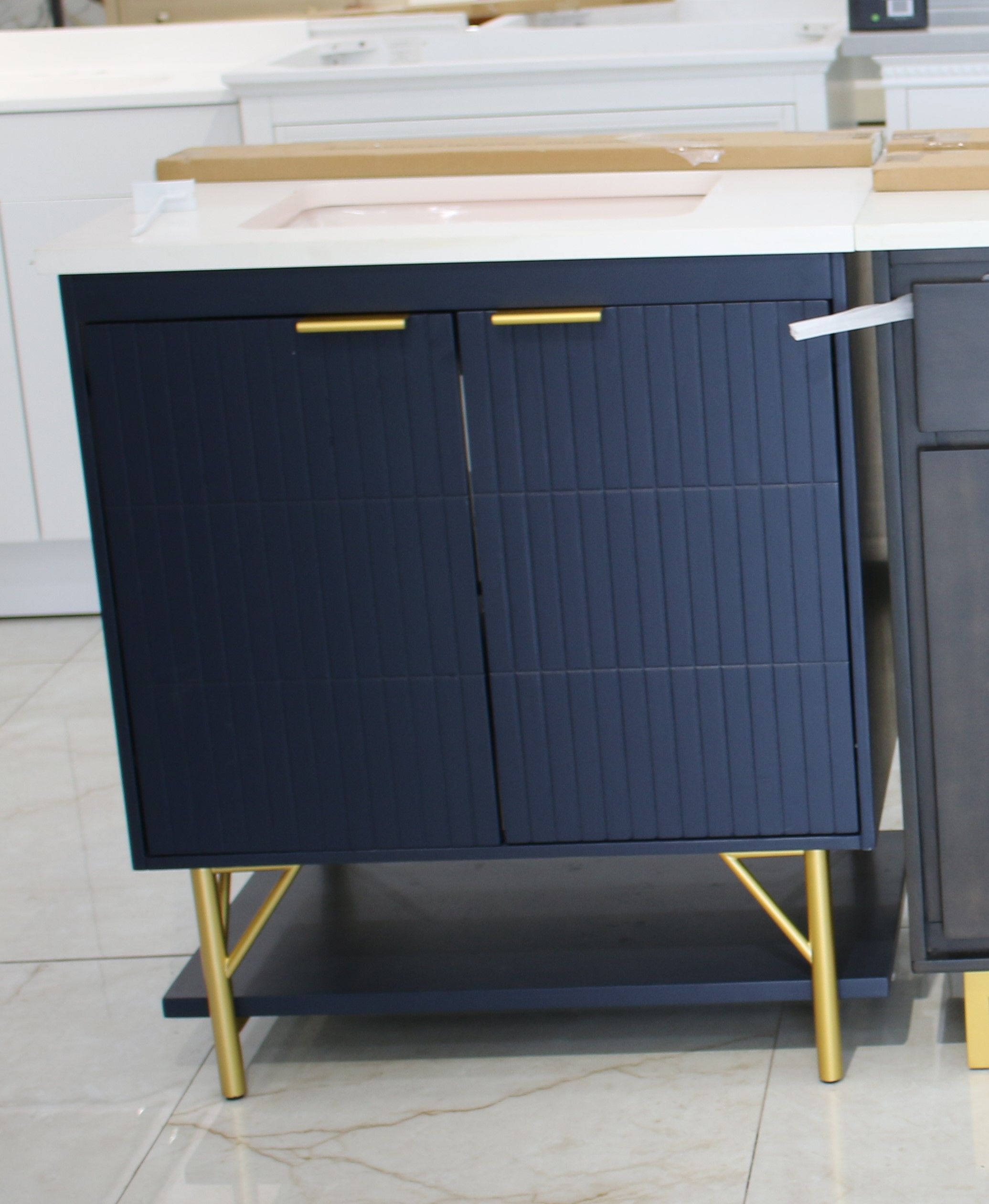 Modern Navy Blue Fluted Single Bathroom Vanity with Brushed Brass Base thumbnail 2