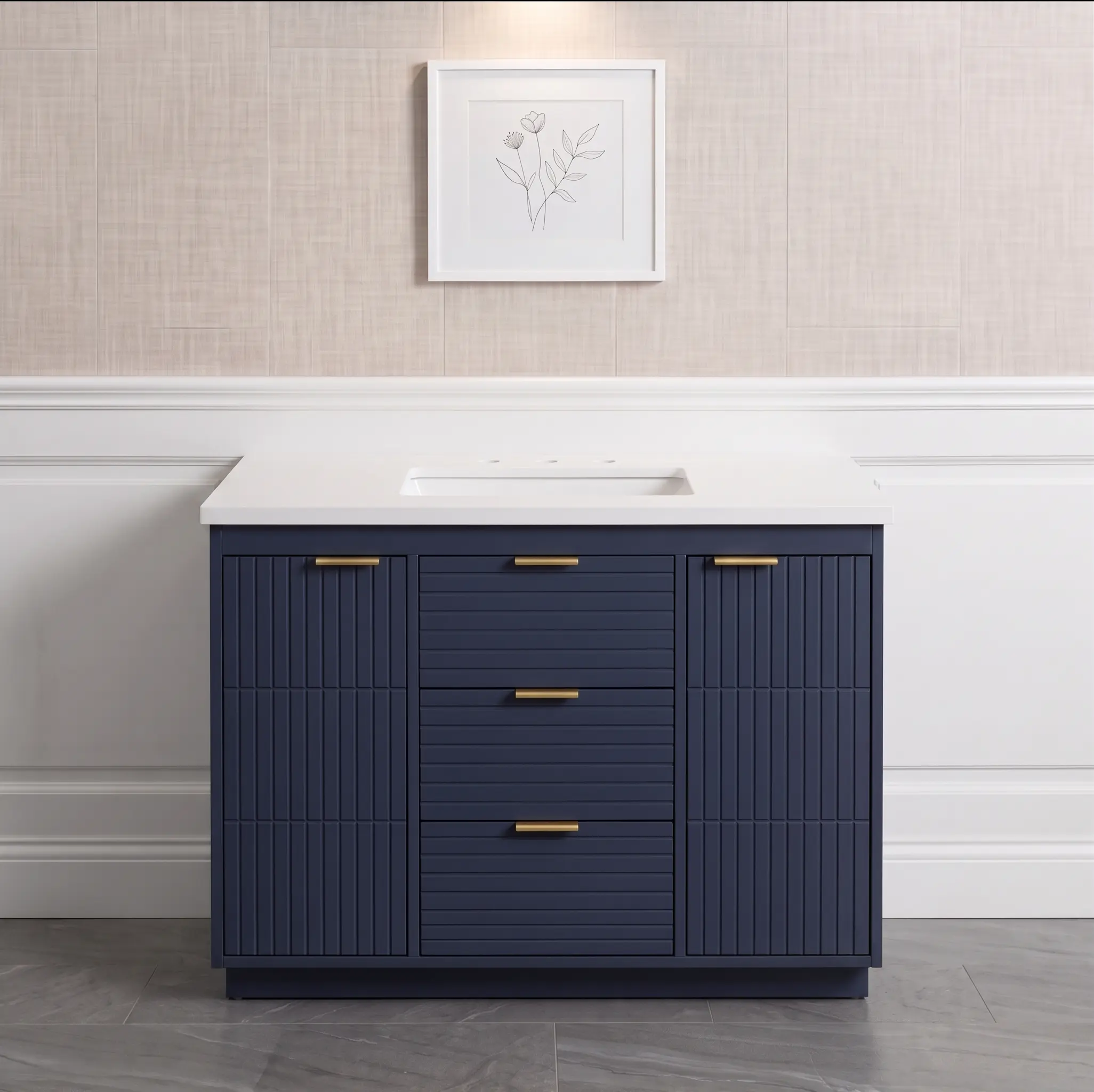 Modern Navy Blue 48" Fluted Single Bathroom Vanity with Gold Accents