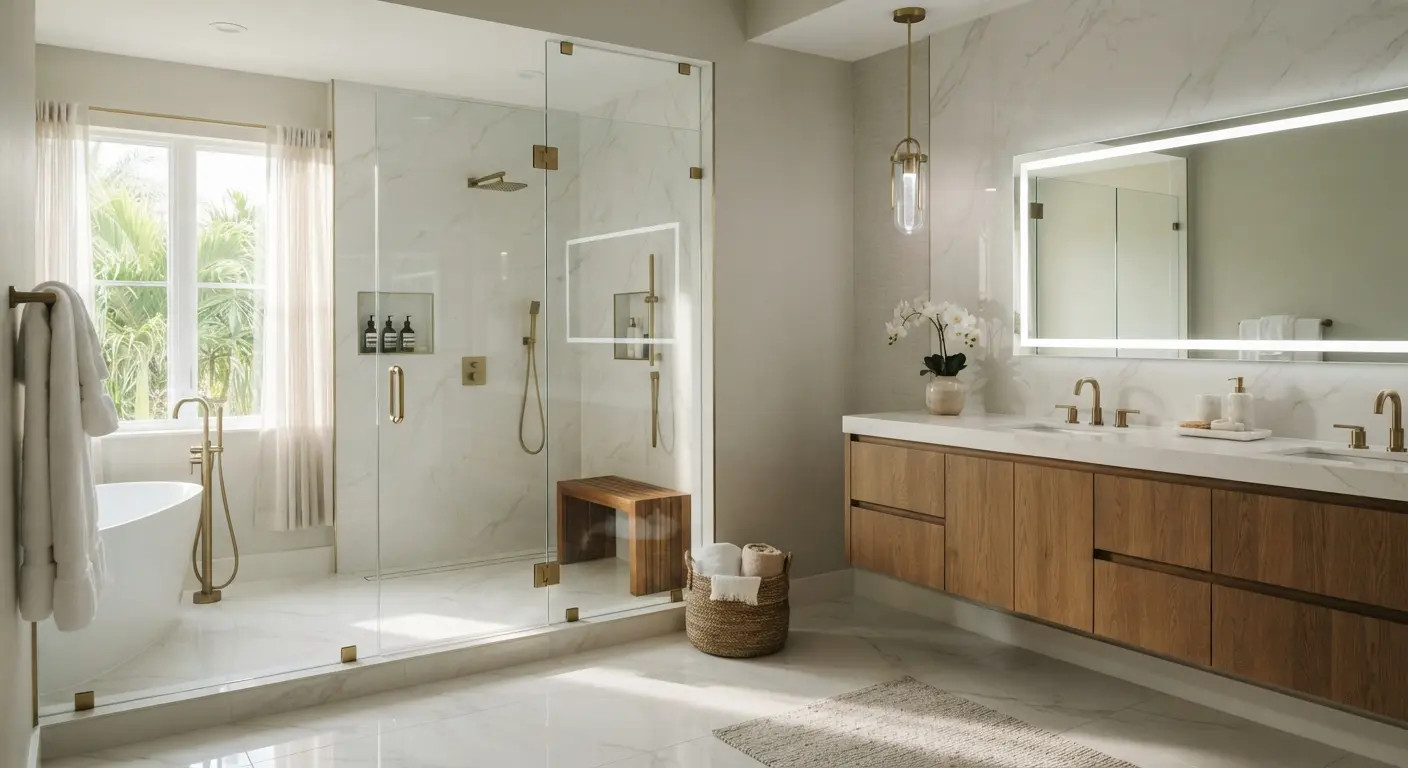 Designing a Spa Inspired Modern Bathroom in Florida: Tile, Vanities, and Frameless Glass Combinations