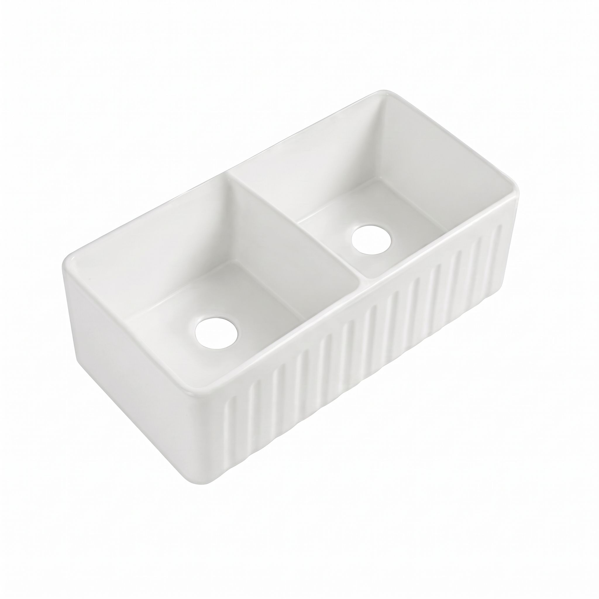 PL-FC3318DB White Fireclay Double Bowl Fluted Apron Front Farmhouse Kitchen Sink
