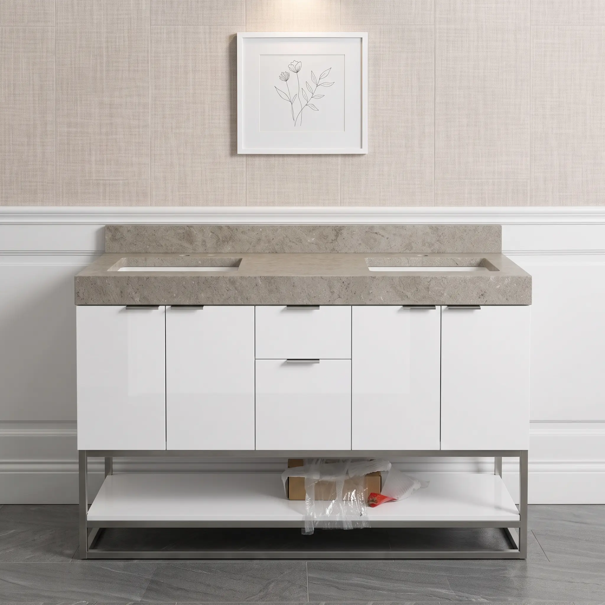 Modern Gloss White 60" Double Sink Bathroom Vanity with Grey Stone Top & Metal Frame