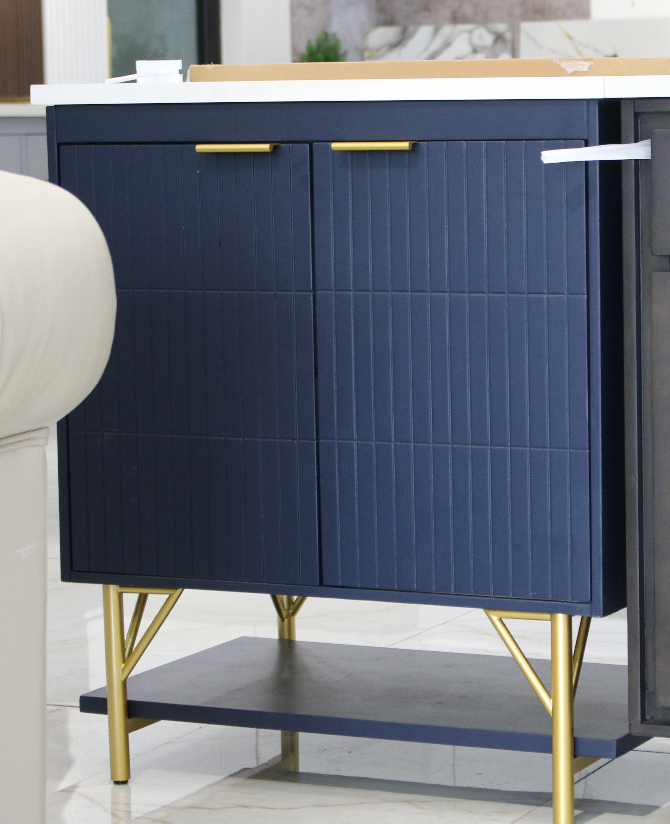 Modern Navy Blue Fluted Single Bathroom Vanity with Brushed Brass Base thumbnail 3