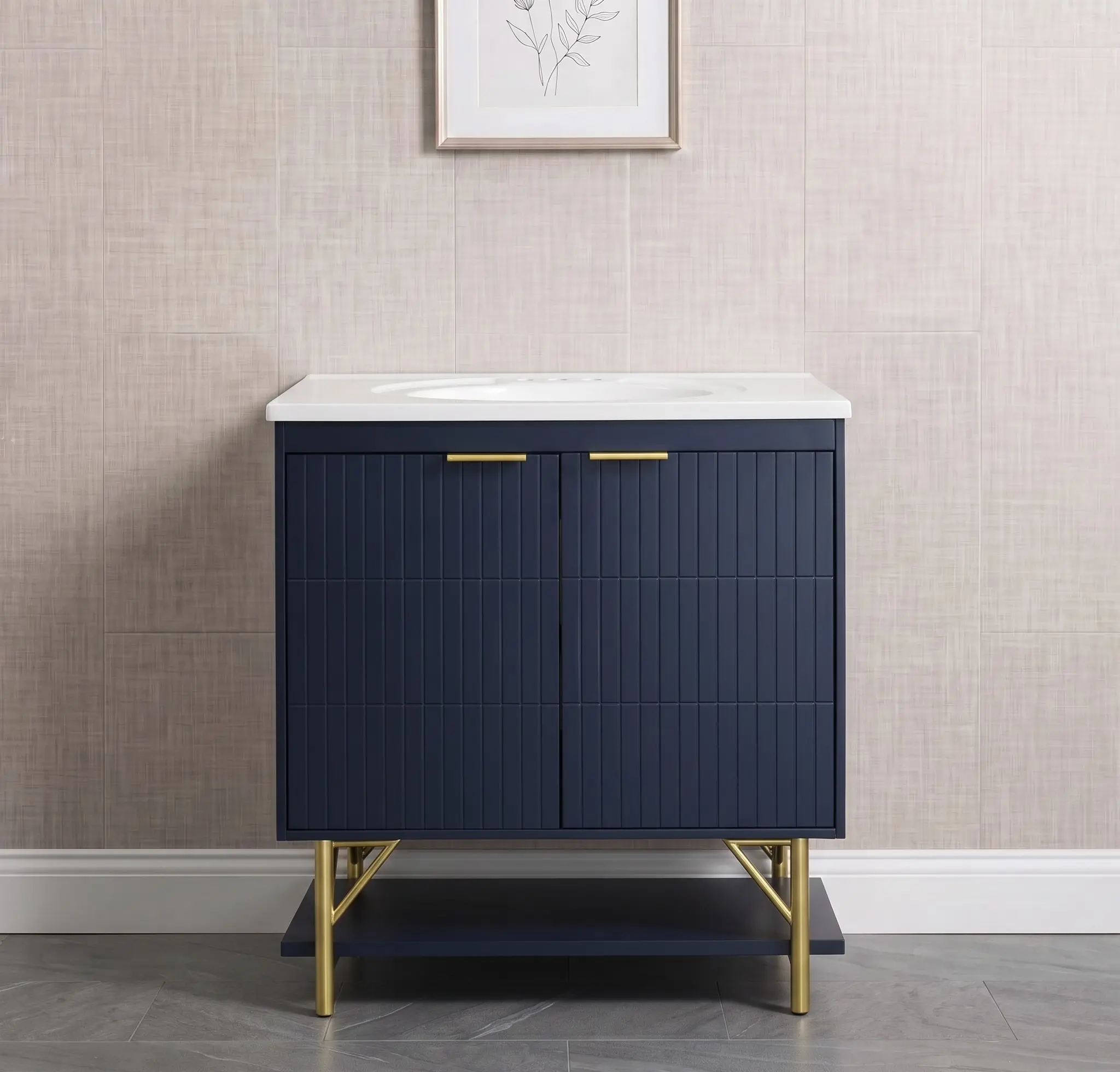 Modern Navy Blue Fluted Single Bathroom Vanity with Brushed Brass Base