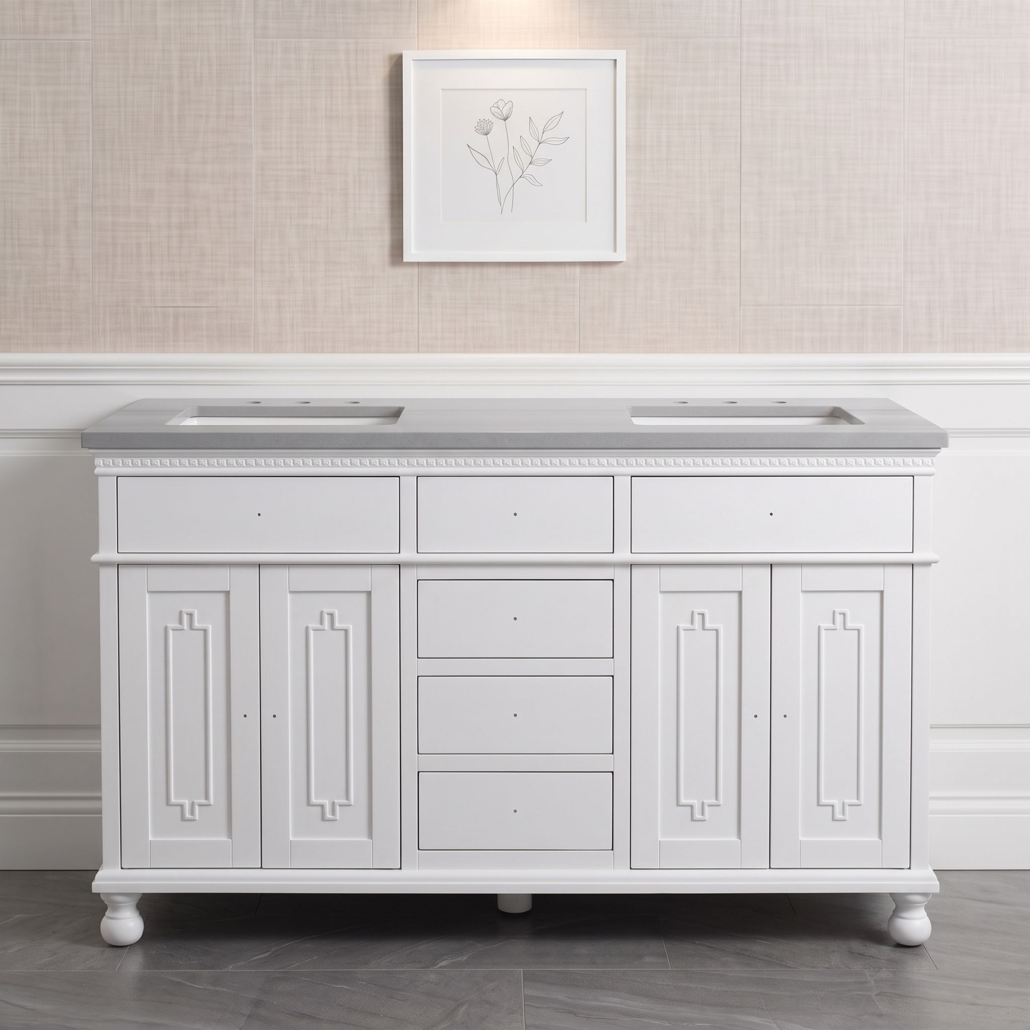 Classic Pure White 60" Double Sink Bathroom Vanity with Grey Stone Top