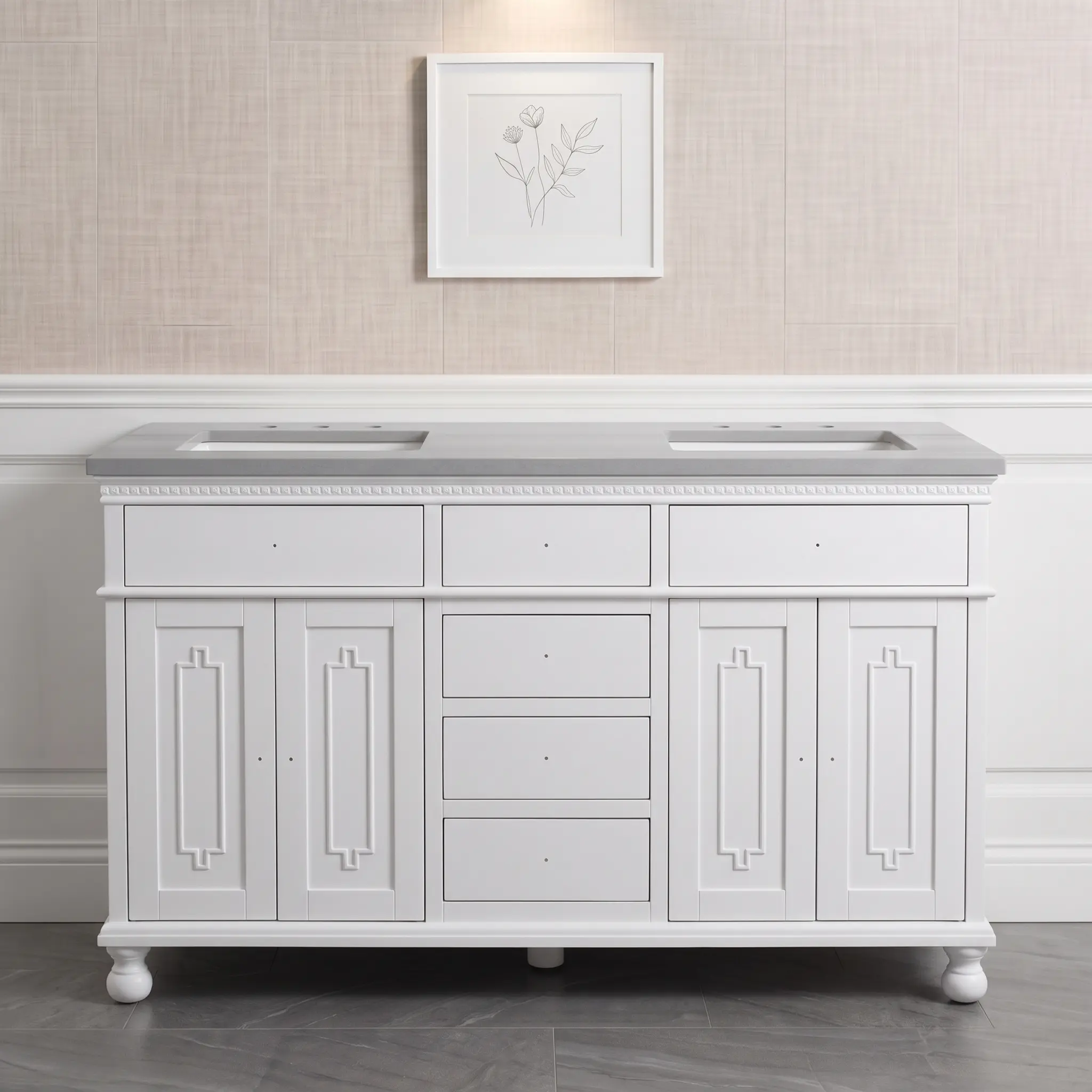 Classic Pure White 60" Double Sink Bathroom Vanity with Grey Stone Top