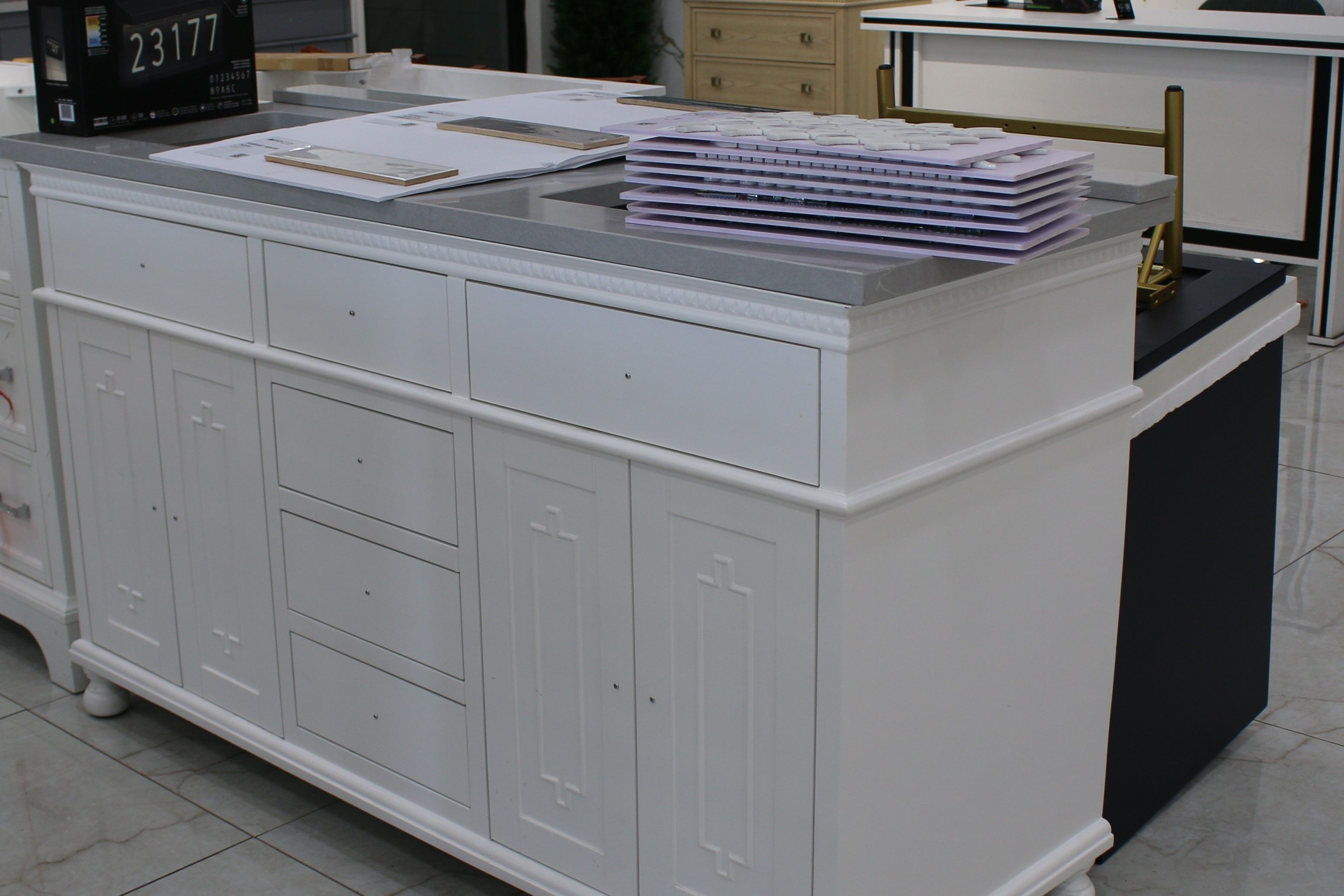 Classic Pure White 60" Double Sink Bathroom Vanity with Grey Stone Top thumbnail 2