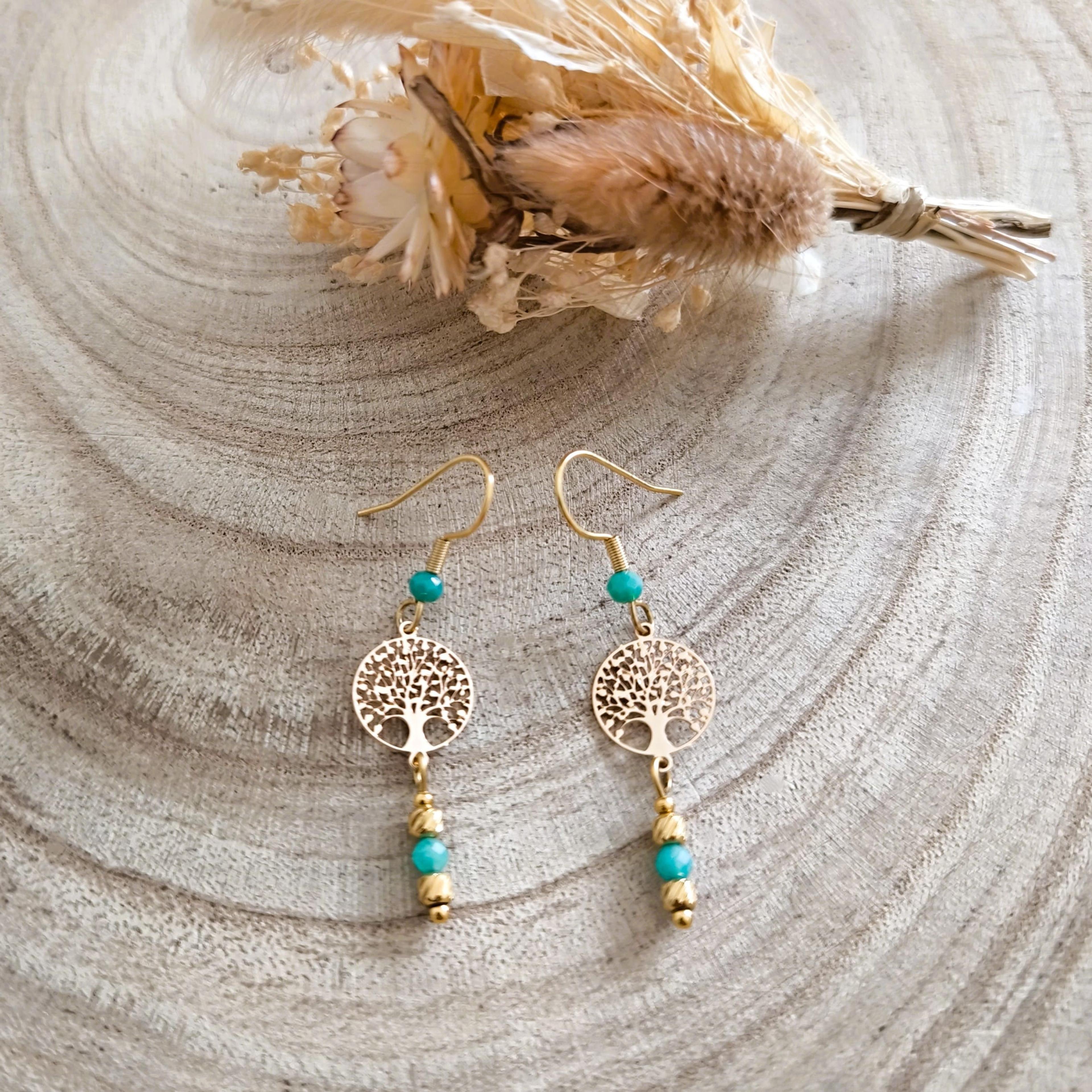 Ténéa, boucles d'oreilles arbre de vie et perles d'amazonite