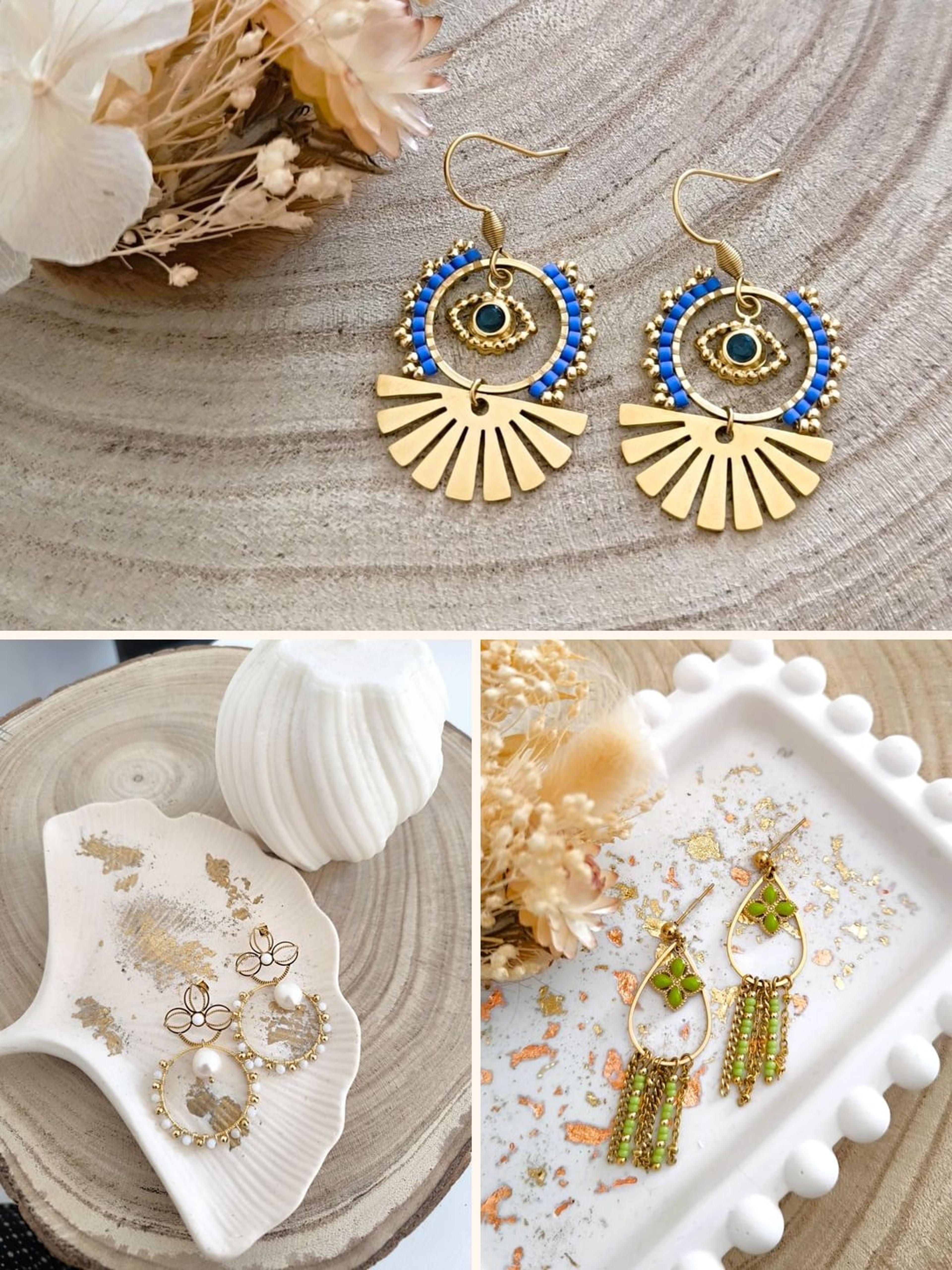 Boucles d'oreilles des collections Lumière éternelle, Santorin et L'instant vert