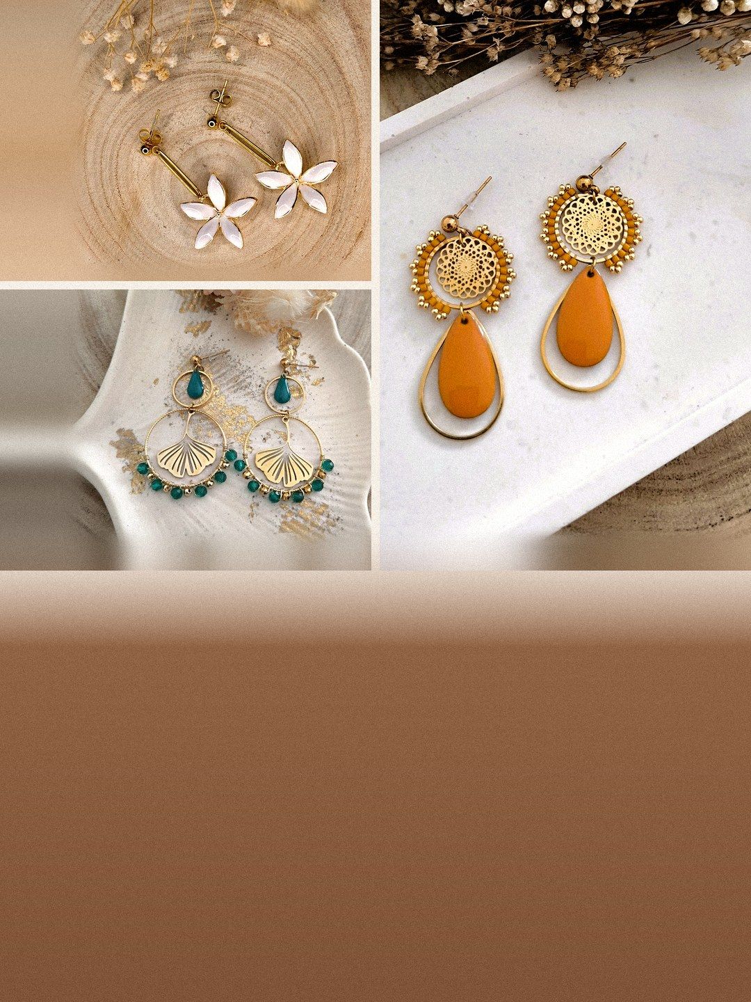 Boucles d'oreilles Ondine, Indira et Ginka : fleurs émaillées blanches, médaillon filigrane moutarde et feuille de ginkgo