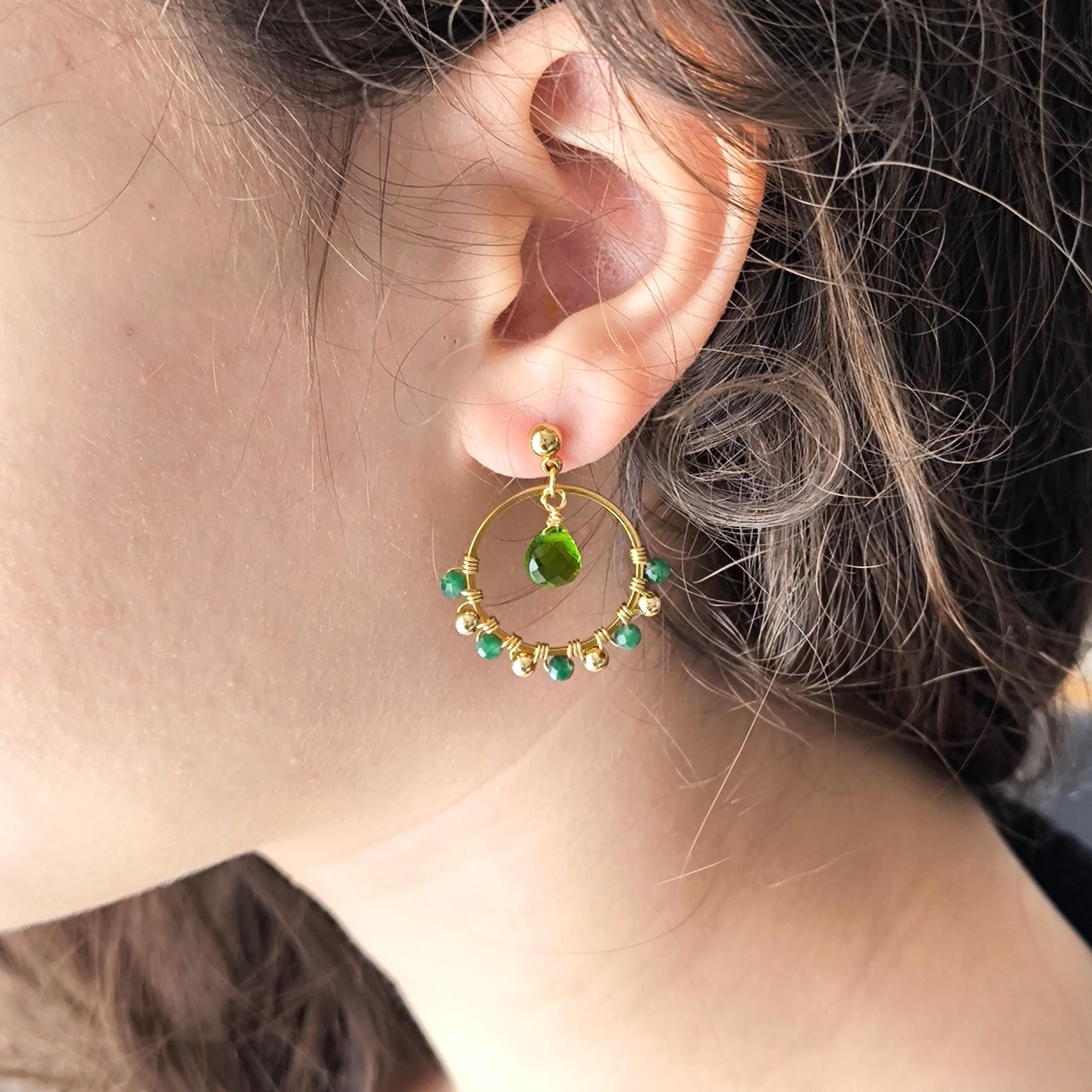 Green drop, boucles d'oreilles dorées, aventurine et goutte de verre – photo 2