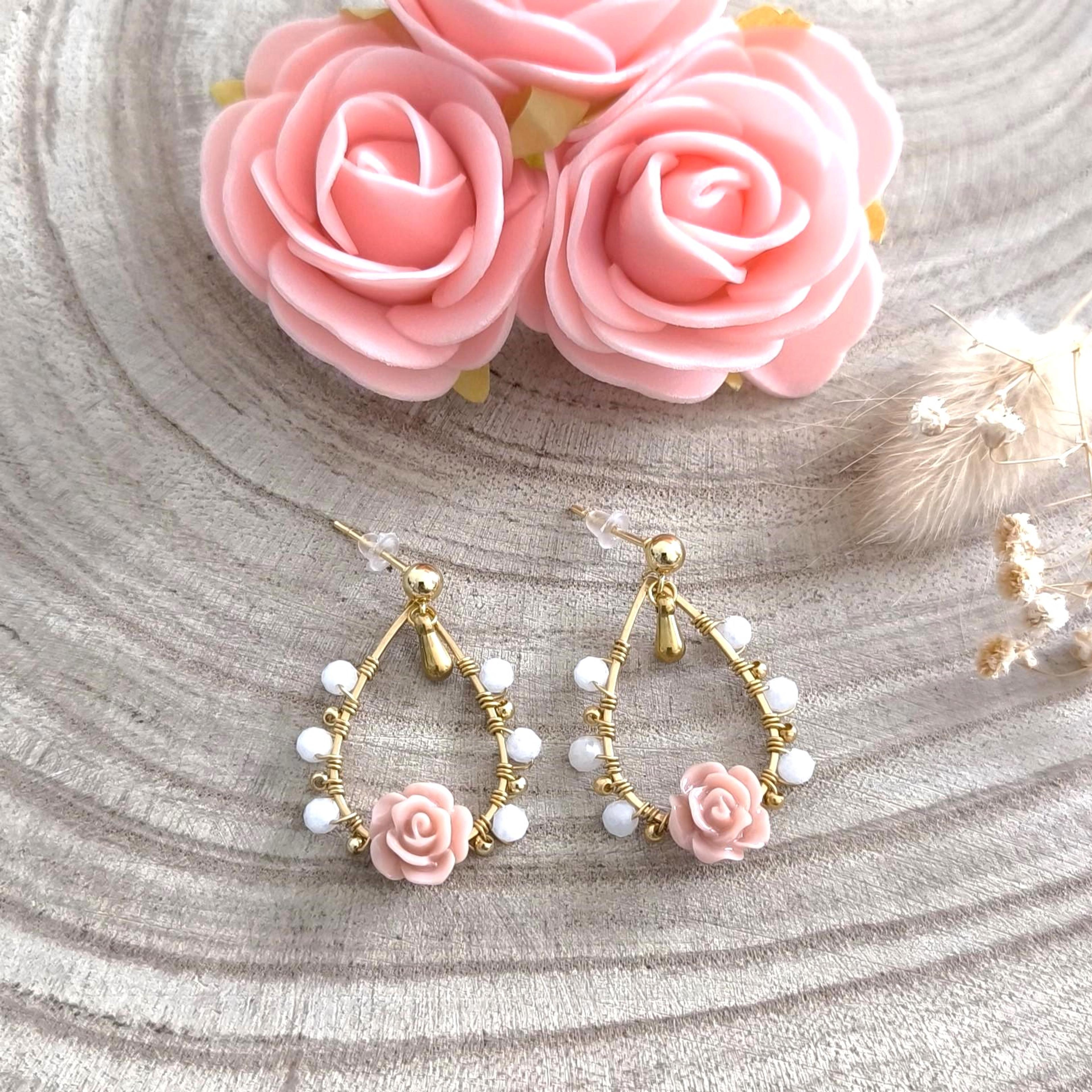 Mandy, boucles d'oreilles perles de jade blanc et roses