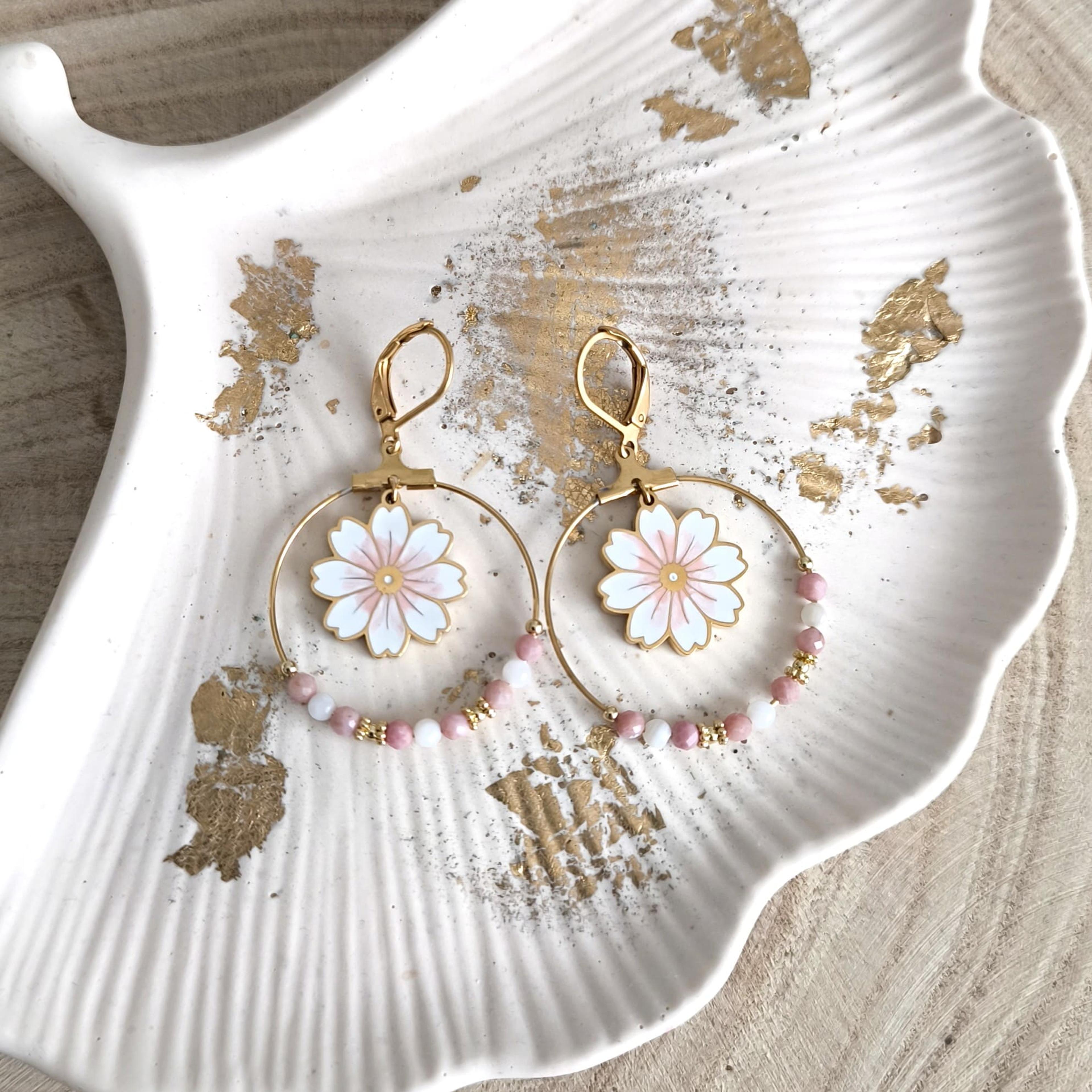 Sakura, dormeuses fleur de cerisier, rhodonite et nacre