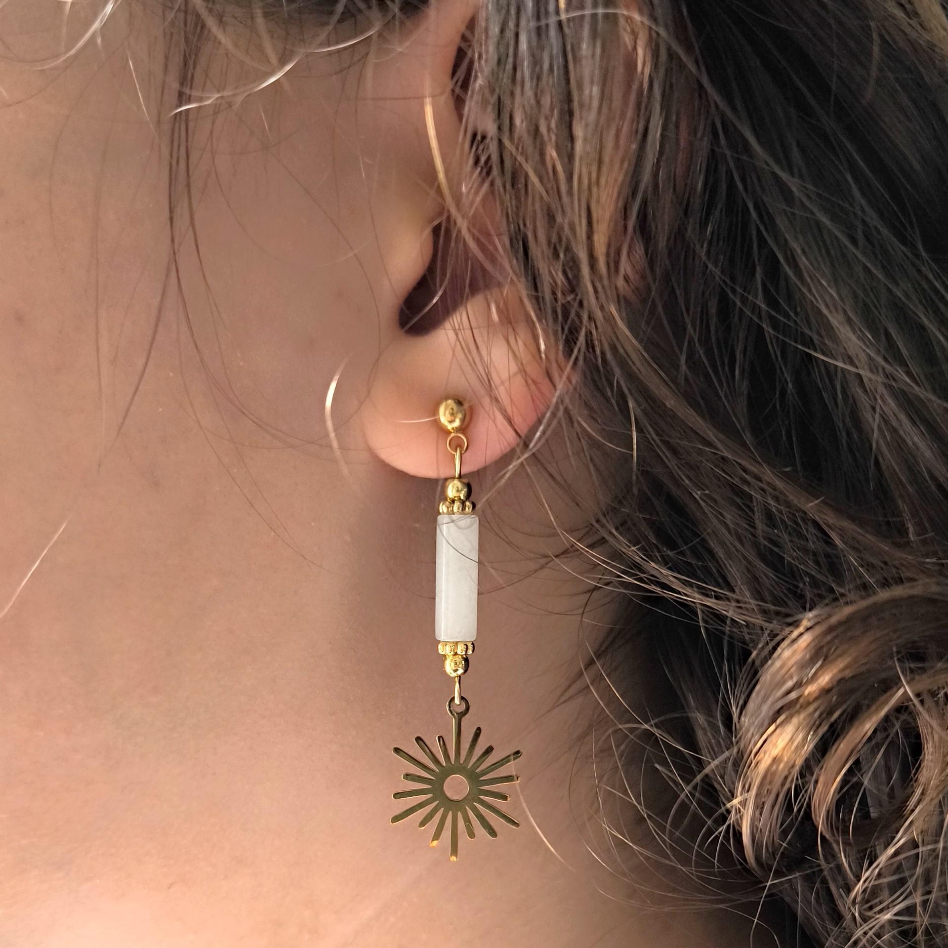 Ayla, boucles d'oreilles géométriques dorées et quartz blanc – photo 2