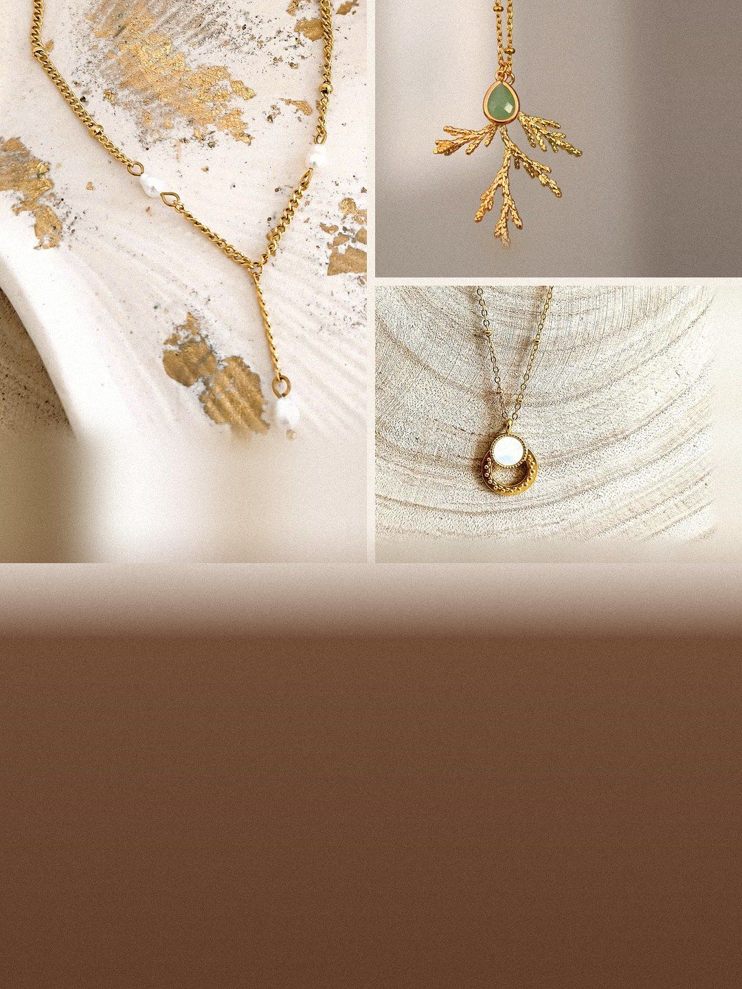 Colliers Nessia, Emmy et Séraphine : pendentif végétal et verre vert opale, médaillon nacre, collier en Y et perles d'eau douce