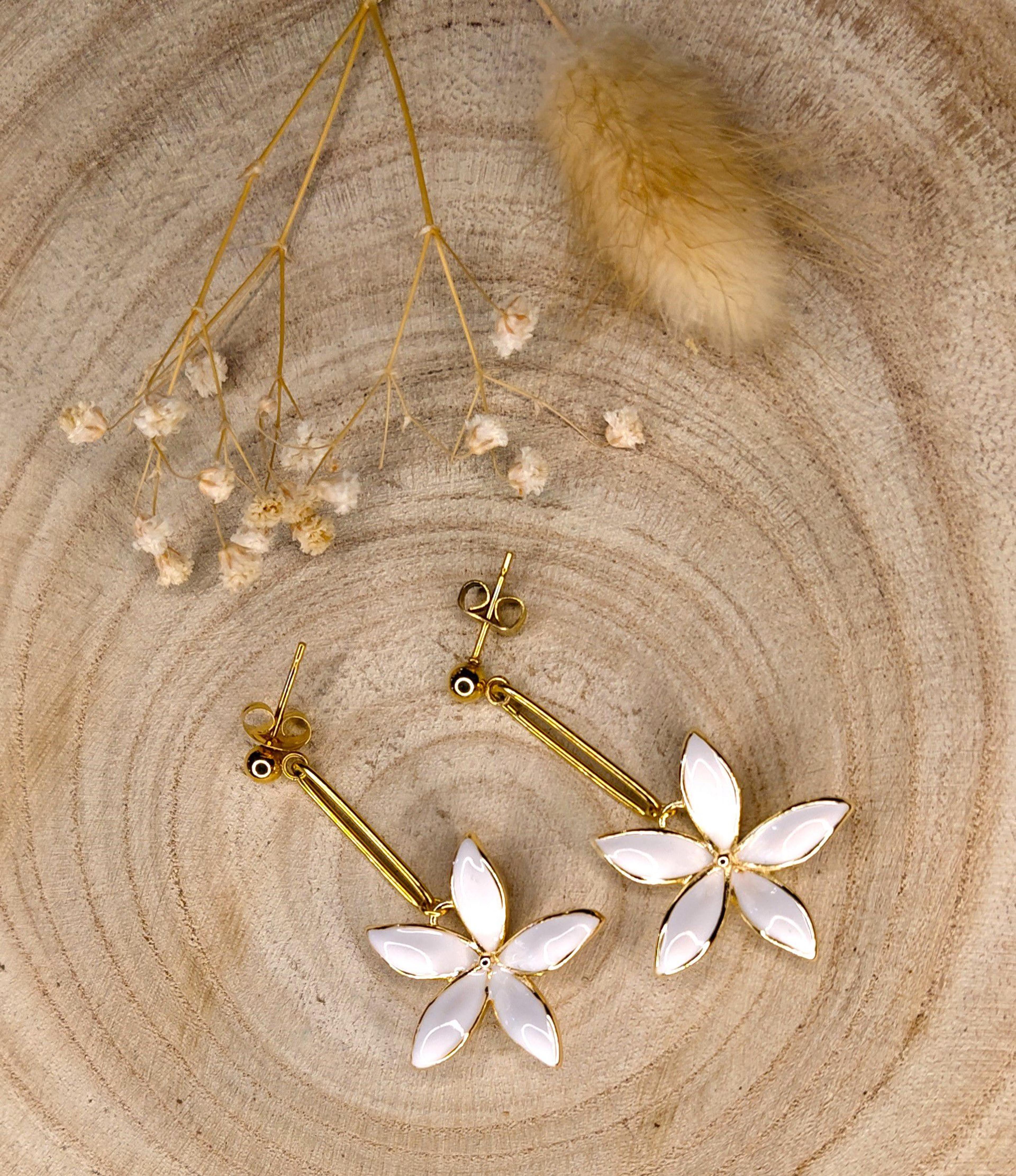 Ondine, boucles d'oreilles pendantes à fleurs, acier et or fin